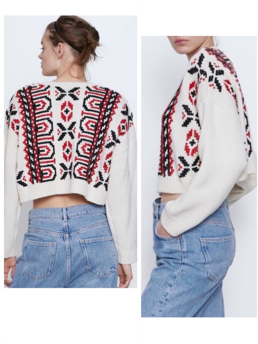 Zara Cream Embroidered Knit Cropped Cardigan with Fair Isle Motif - Picture 5 of 11